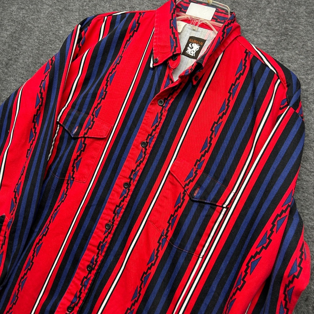 Vintage Karman Western Shirt Mens Large Red Blue Striped Cowboy Long Sleeve